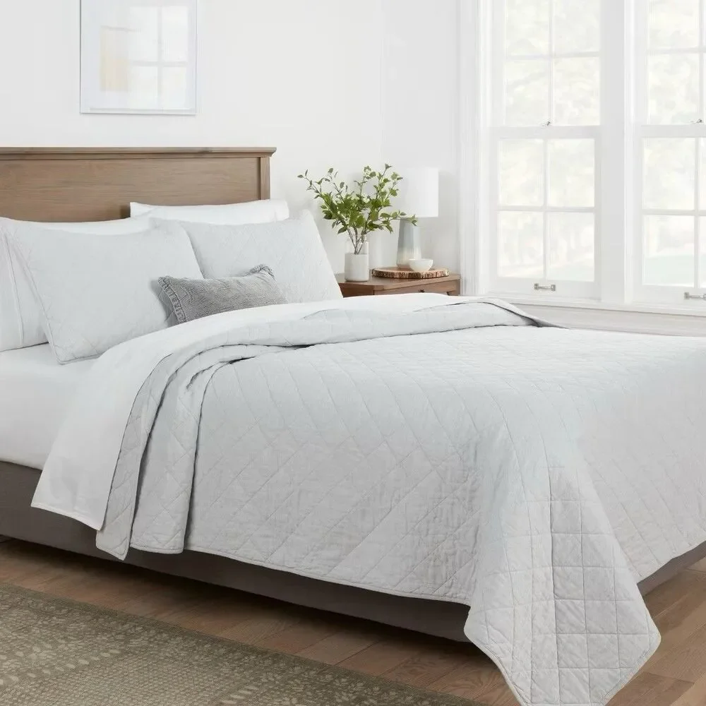 Threshold Full/Queen Diamond Stitch Cotton Linen Quilt Light Gray Midweight NEW
